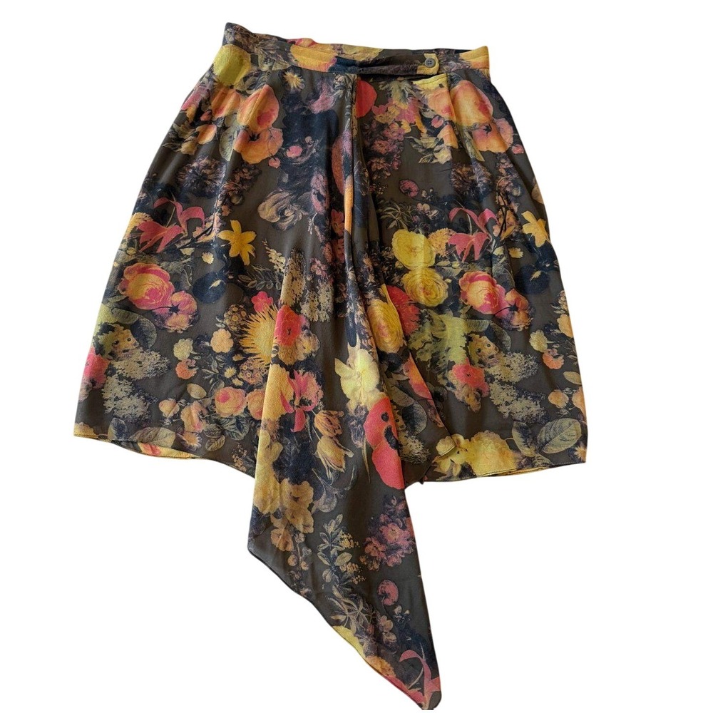 Anne Klein II 100% Silk Vintage Floral Skirt Asymmetrical Draped High Low Sz 12